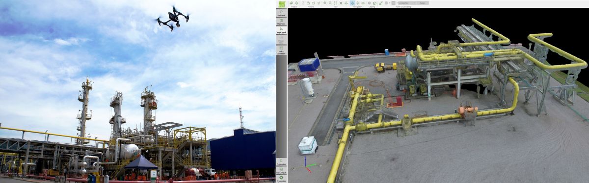 На фото слева беспилотник делает снимки нефтяного завода в высоком разрешении, а фото справа представляет собой снимок экрана с построенной 3D моделью