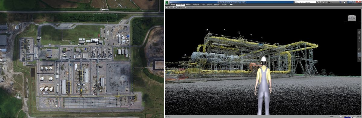 На фото слева аэрофотоснимок масличного завода, сделанный с помощью беспилотника, а фото справа представляет собой снимок экрана с 3D моделью предприятия