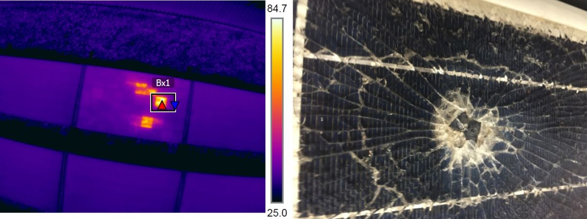 «Горячее пятно», обнаруженное на снимках, сделанных с помощью тепловизора; поверхность кажется перегретой и растрескавшейся (слева), визуальный осмотр подтвердит выход модуля из строя (справа).